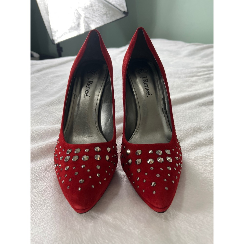 J. Renee Starlet Red Suede Studded Pumps Heels Size 9M Silver Studs Platform